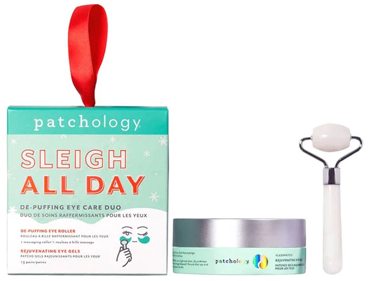 Patchology Sleigh All Day Holiday Bundle – Luxe Huidverzorgingsset Met 15 Paar Rejuvenating Eye Gels Boordevol Cafeïne, Hyaluronzuur, Collageen En Peptiden – Inclusief De-Puffing White Jade Eye Roller Voor Een Frisse, Stralende En Gehydrateerde Blik