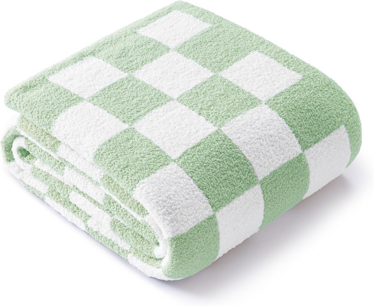 Geruite Fleece Plaid Dekentje Ultra Zacht Licht en Warm Reversibel voor Bank en Bed 130x150 cm Saliegroen