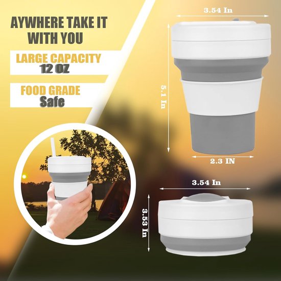 Opvouwbare Reisbeker 350ml - Opvouwbare Siliconen Drinkbeker Met Deksel - Voor Warme En Koude Dranken - Met Rietje - Lekvrij En Lichtgewicht - Herbruikbare Sportwaterfles - Voor Kamperen Wandelen Sport En Reizen - Outdoor Drinkfles - Grijs En Wit — afbeelding 4