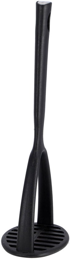 Écrase-pommes de terre noir Brabantia avec un manche ergonomique et un piston ovale à motif quadrillé.