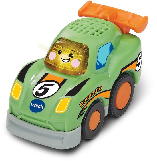 Groene VTech raceauto met oranje spoiler en nummer 5 op de zijkant. Een VTech logo op de voorkant.