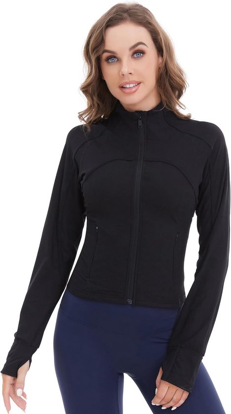 PINSPARK Hardloopjack voor dames, lange mouwen, ademend trainingsjack, lichte ritssluiting, sweatjack, yoga, fitness, sport, met zak en duimgat, grijs, S
