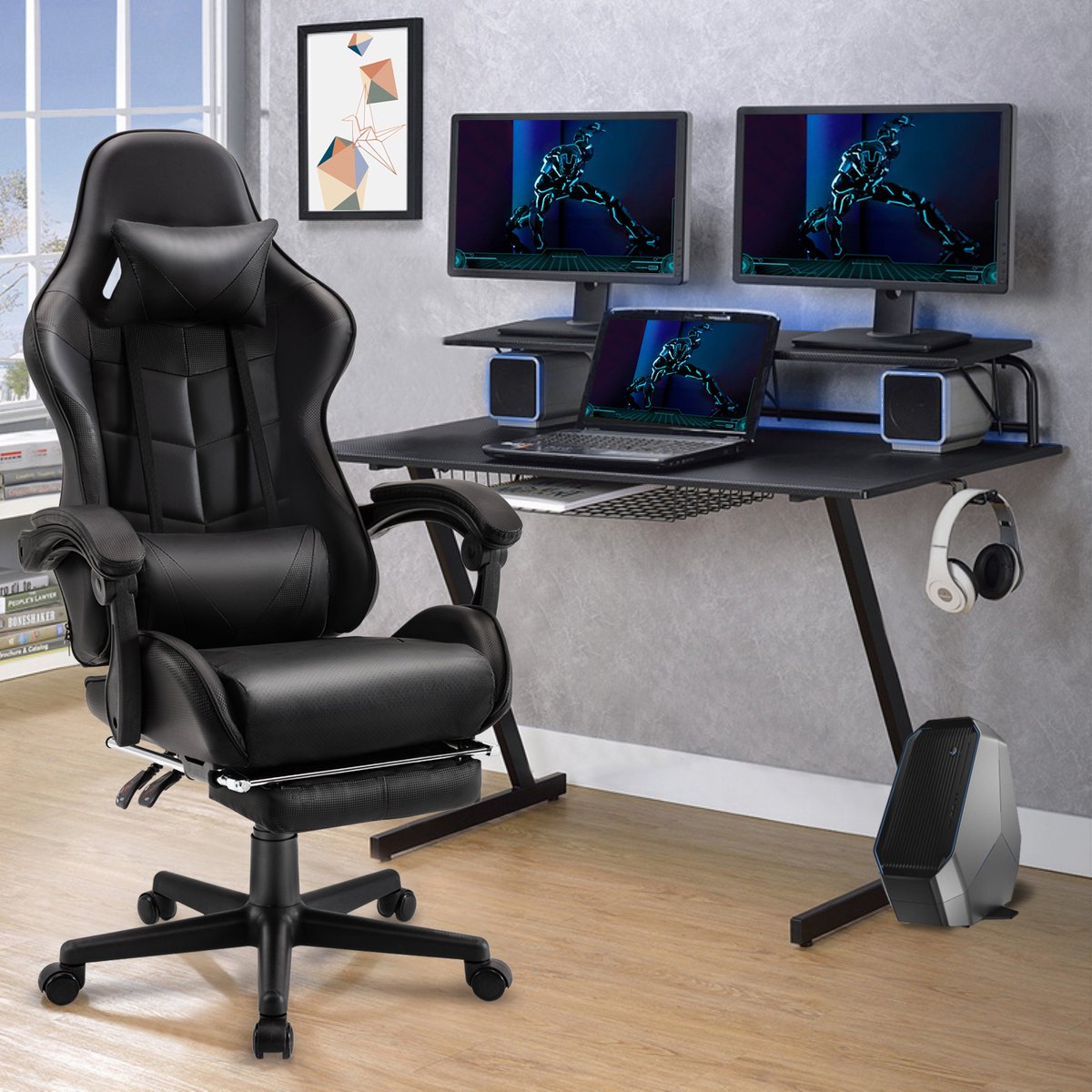 Soontrans Zwart-Gaming Stoel met Inklapbare Voetensteun, - afbeelding 2