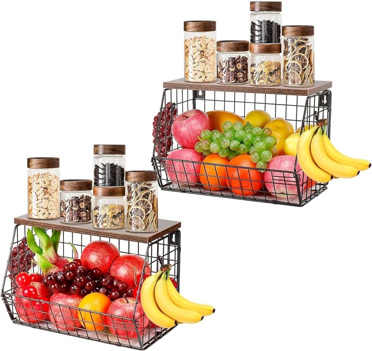 Hangende fruitmand met houten deksel - Zwart met 4 haken - Metaal