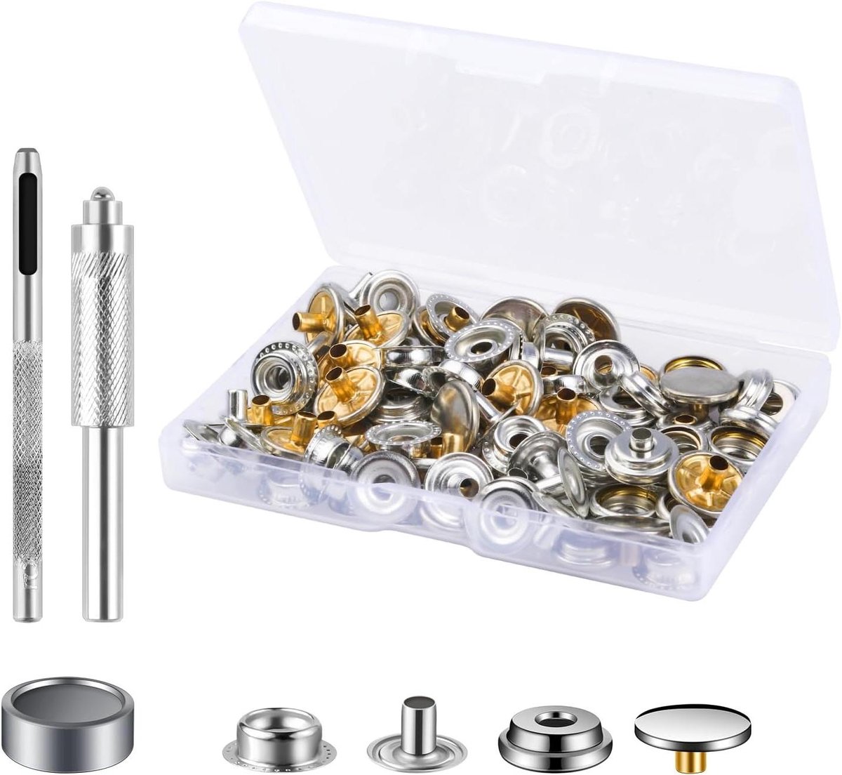 Ronte - Metalen drukknopen set - 25 stuks zilver - Snap sluitingen kit met gereedschap - 15 mm knopen voor kleding reparatie en craftprojecten
