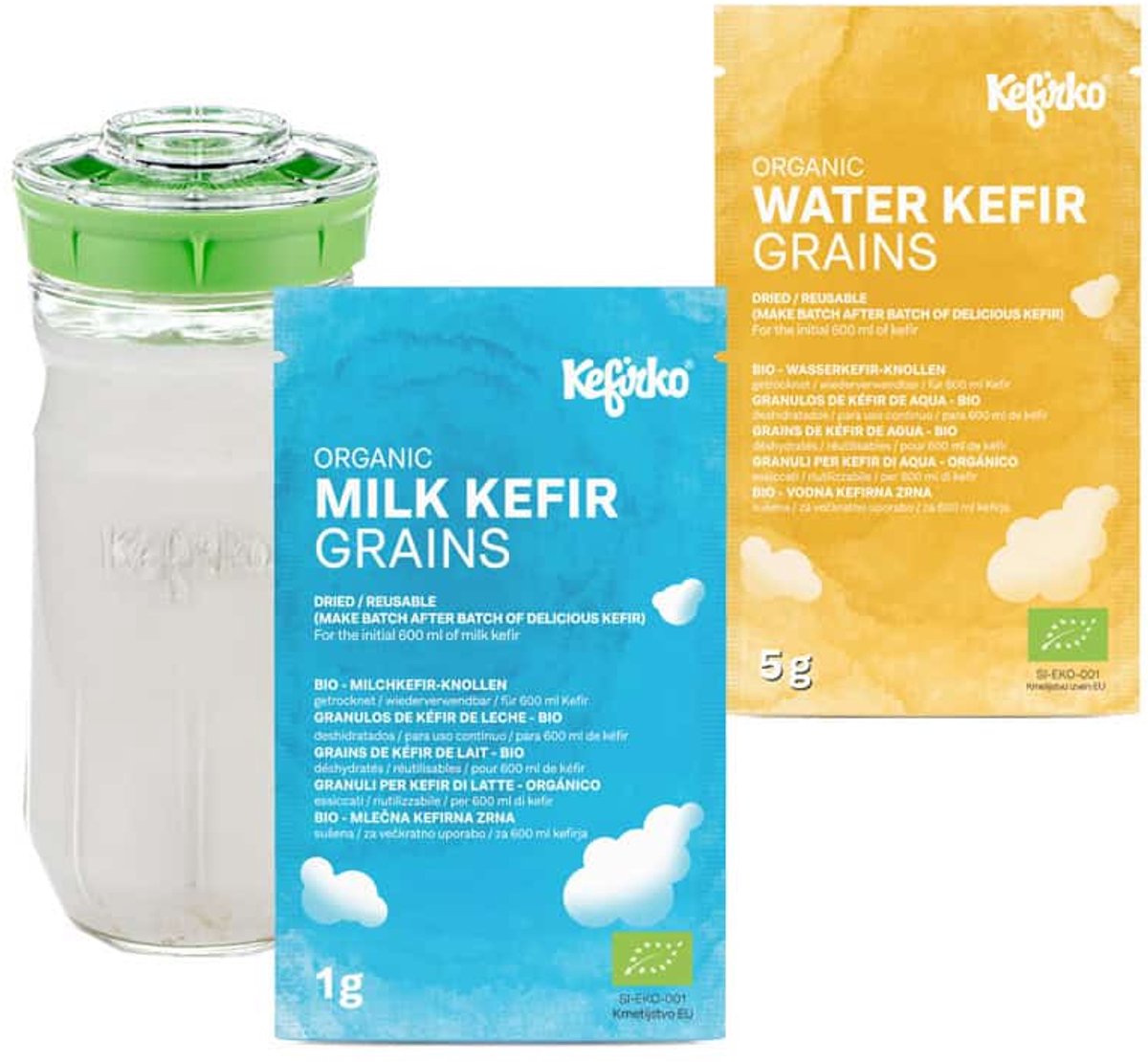 KefirKo kefirpakket 1,4 l kefirmaker met melk- en waterkefirkorrels