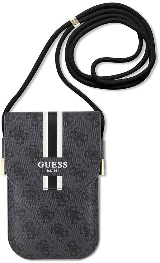Housse de téléphone noire avec imprimé logo Guess, rayures blanches et vertes, et logo GUESS EST. 1981. Avec cordon réglable.