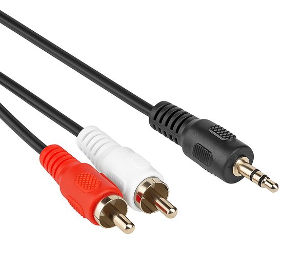 Zwarte kabel met aan één uiteinde een 3,5 mm jack plug en aan het andere uiteinde een rode en witte RCA plug.