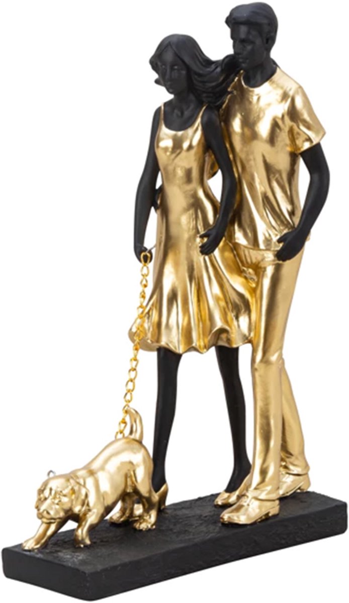 Beeld, Paar met hond goud/zwart, hoogte: 29,5 cm, breedte: 19,5 cm koppel met hond beeld familiebeeld met hond, decoratie beeld goud zwart beeld paar liefde en gezin beeld modern decoratiebeeld goud beeld man vrouw hond woondecoratie met hond