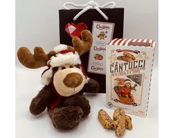 Cho-lala Kerstmis geschenkset Oh deer, Christmas is here, chocolade cadeau - 100 gram Cantucci chocolade koekjes - kerstknuffel Rudolph van pluche - cadeau tasje - 3-delig