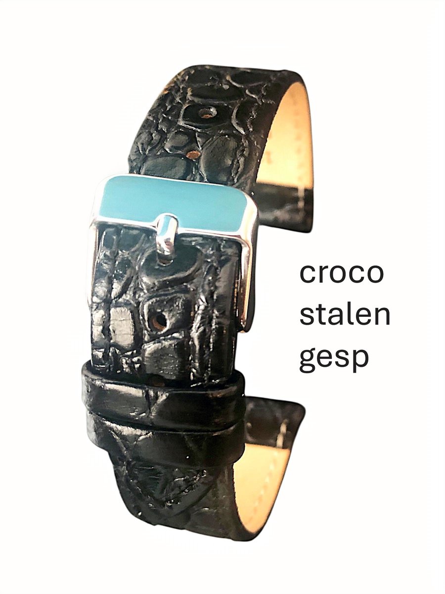 horlogeband-horlogebandje-14mm-echt leer-croco-zwart-zacht-plat-stalen gesp-leer-14 mm