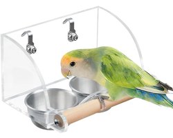 Vogelvoerbak met houten standaard voor parkieten en papegaaien