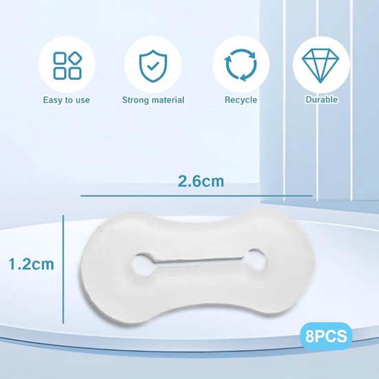 Witte dumbbell-vormige manchetknopadapter met afmetingen 2,6 cm x 1,2 cm. Iconen voor gebruiksgemak, sterk materiaal, recyclebaar en duurzaam. 8 stuks.