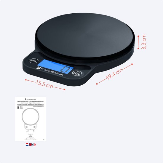 KitchenBrothers Keukenweegschaal - Weegschaal Keuken Digitaal - 1 g tot 6 kg - Tarra Functie - Zwart