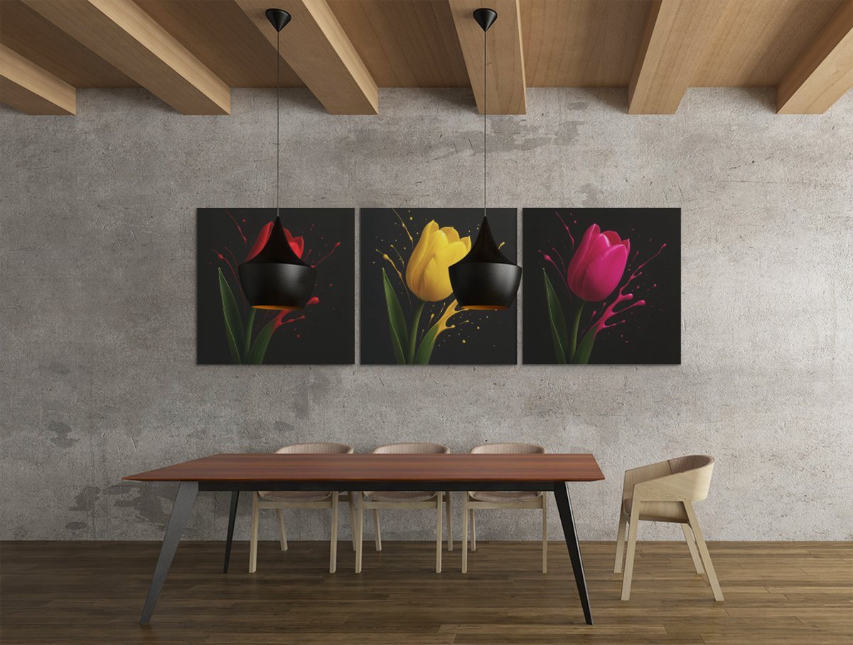 Trendex Global Drieluik Canvas Schilderij Tulpen in Kleur – Moderne Bloemendecoratie - 3x100x100 cm Kleurrijk