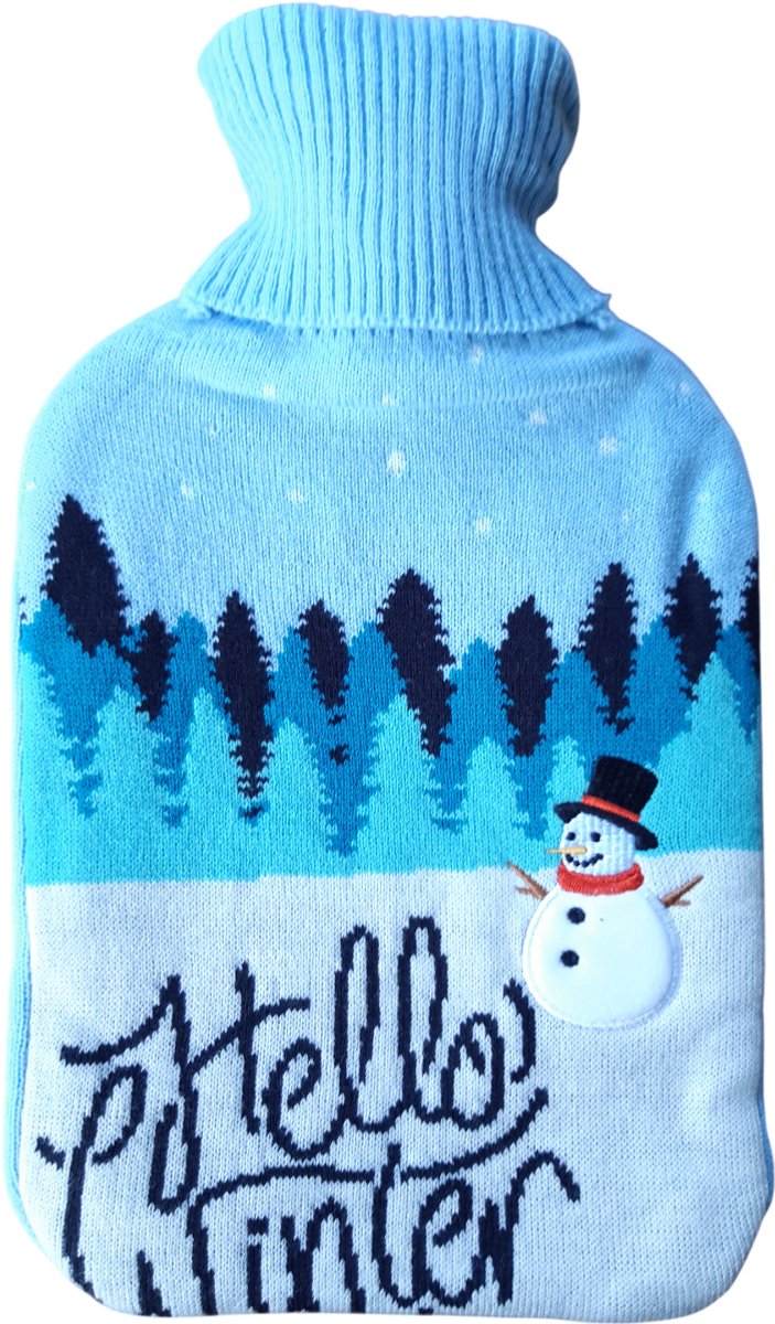 Warmwaterkruik 2 Liter met Gebreide Hoes – Hello Winter – Zachte Coltruihoes – Kruik voor Warmte & Comfort
