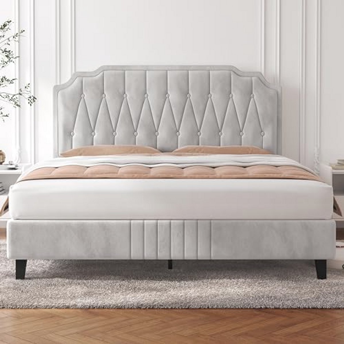 Gestoffeerd Tweepersoonsbed 160 x 200 cm met Verstelbaar Hoofdeinde en Lattenbodem