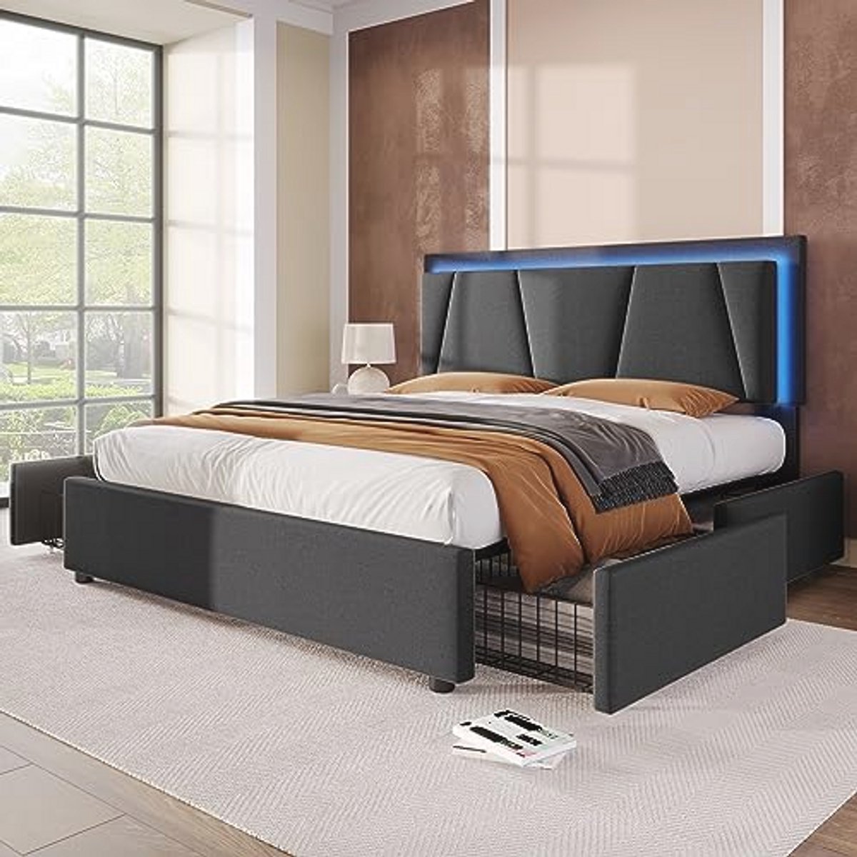 Tweepersoonsbed met ledverlichting en verstelbaar hoofdeinde – 4 lades, grijs, 140 x 200 cm