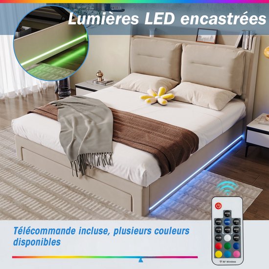 Lit rembourré OKWISH 140x190 cm – Lit double LED avec système de rangement hydraulique – Tiroirs – Velours – Beige