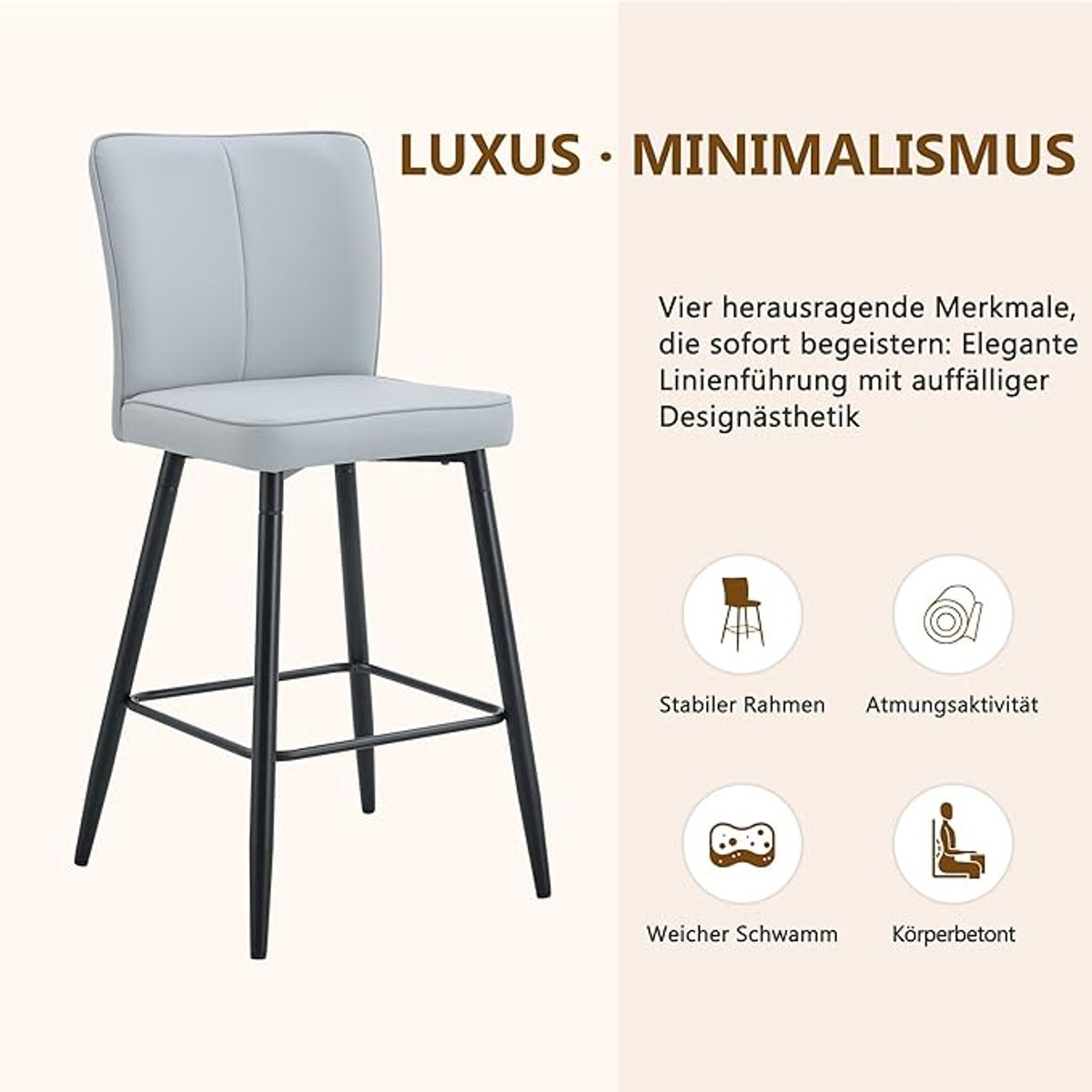 Barstoel 2-pack HomeByNicole – Moderne Kunstleren Barkruk met Rugleuning, Zwarte en Grijze Metalen Poten, Comfortabel Zitkussen, Antislip Voetsteun voor Keuken, Bar of Eetkamer