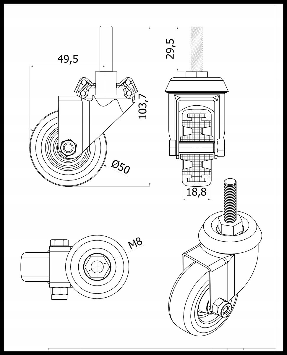 Möbelwiel met M8x30 schroefdraad, 50mm, 40kg draagvermogen