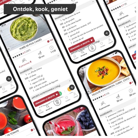 Scherm van de Magimix app met recepten voor gepureerde erwten, pompoensoep en smoothie. "Ontdek, kook, geniet".
