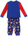Blauwe pyjamaset met Paw Patrol-print, rode lange mouwen en blauw shirt.