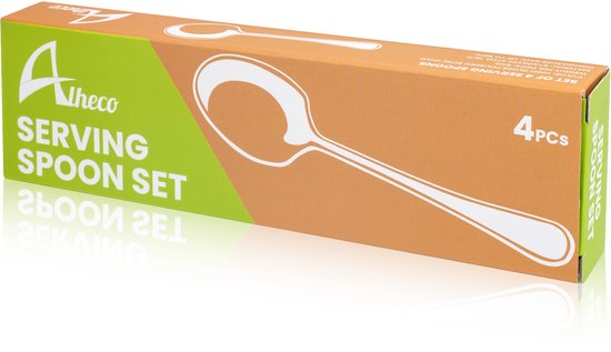Gouden verpakking met de tekst 'Alheco Serving Spoon Set' en een afbeelding van een lepel.