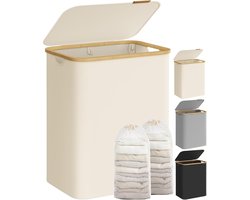 SONGMICS LCB513W01 Wasmand met deksel met 2 vakken, 130 liter, uitneembare waszak, Oxford-stof, handgrepen van bamboe, opvouwbaar, 52 x 38,5 x 70,5 cm, crèmewit