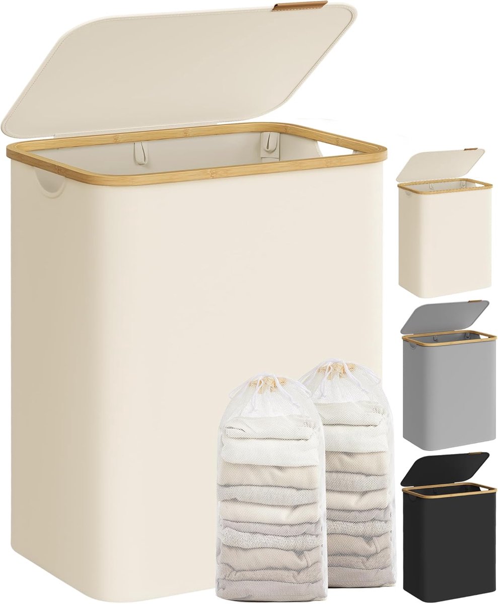 SONGMICS LCB513W01 Wasmand met deksel met 2 vakken, 130 liter, uitneembare waszak, Oxford-stof, handgrepen van bamboe, opvouwbaar, 52 x 38,5 x 70,5 cm, crèmewit
