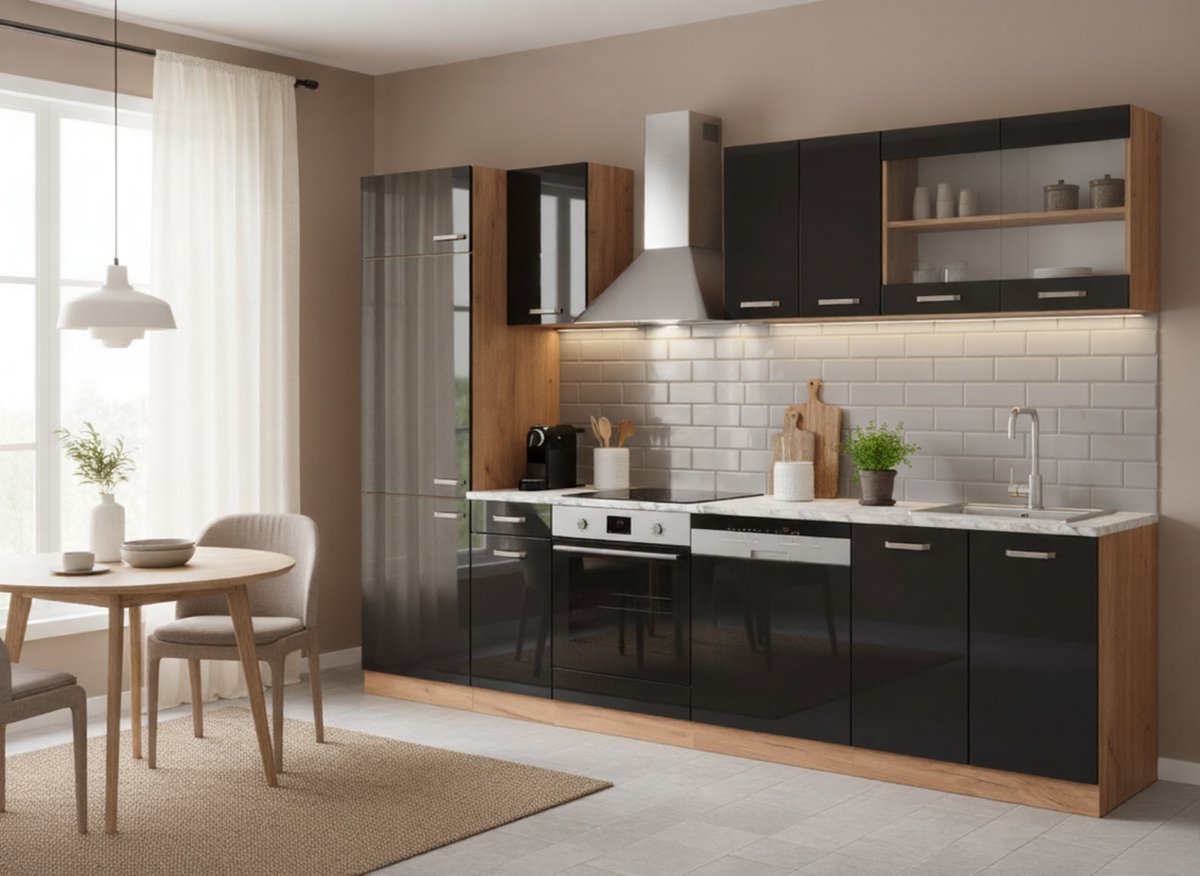 Keukenblok 300 cm, Zwart Hoogglans/Goldkraft Eiken, R-Line Complete Kitchenette met Marble Werkblad, Modern Design, Stofdicht, Verstelbare Voeten – Novihome