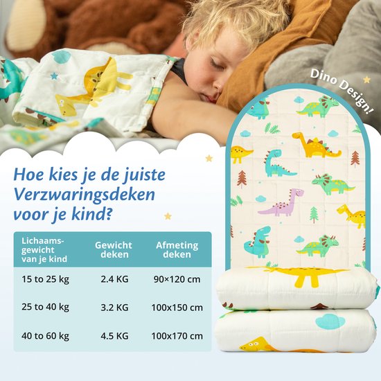 Ella Verzwaringsdeken Kind 2,4kg - OEKO-TEX Katoen Zwaartedeken 90 x 120cm - Weighted Blanket - Verzwaarde Deken Dino