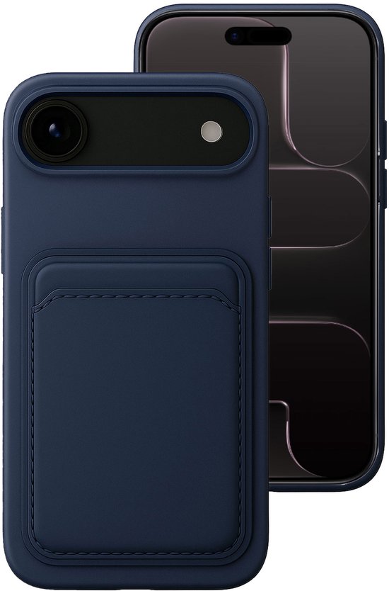Coque de téléphone bleu foncé avec découpe caméra et pochette portefeuille lisse. À côté d'un smartphone.