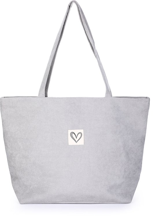 Sac cabas - Sac Trendy - Velours côtelé - Gris clair - Fermeture éclair - Anses