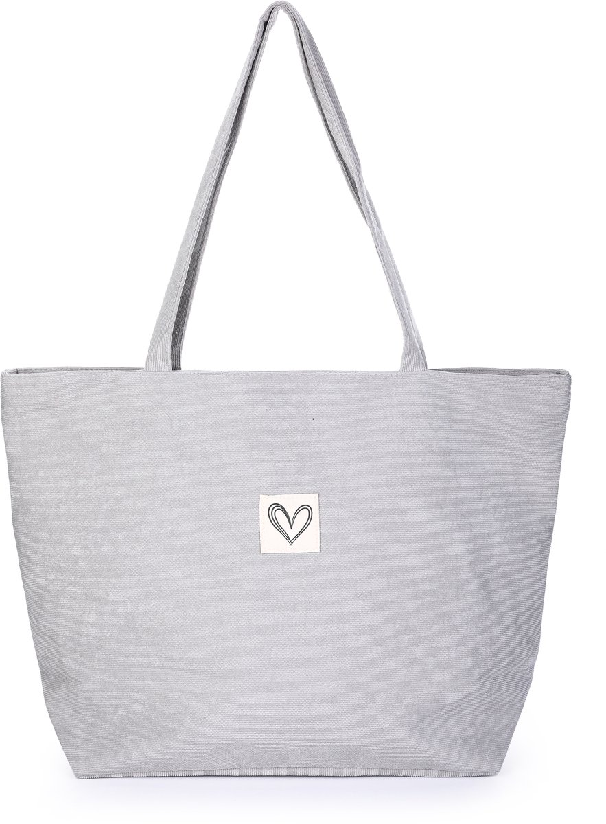 Shopper tas - Trendy draagtas - Corduroy - Lichtgrijs - Rits - Handvaten