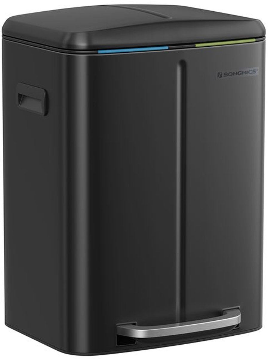 SONGMICS LTB40B02 Keukenvuilnisemmer, 2 x 20 l, afvalscheidingssysteem 2 vakken, metalen pedaalemmer, binnenemmer van kunststof, softclose-deksel, met handgrepen, geurdicht, zwart