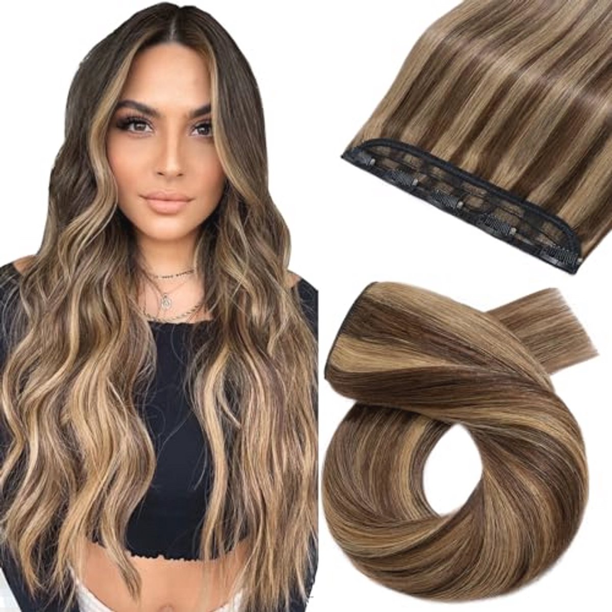 Natuurlijke Clip-in Hairextensions - 5 Clip One Piece 14 inch Kastanjebruin & Donkerblond