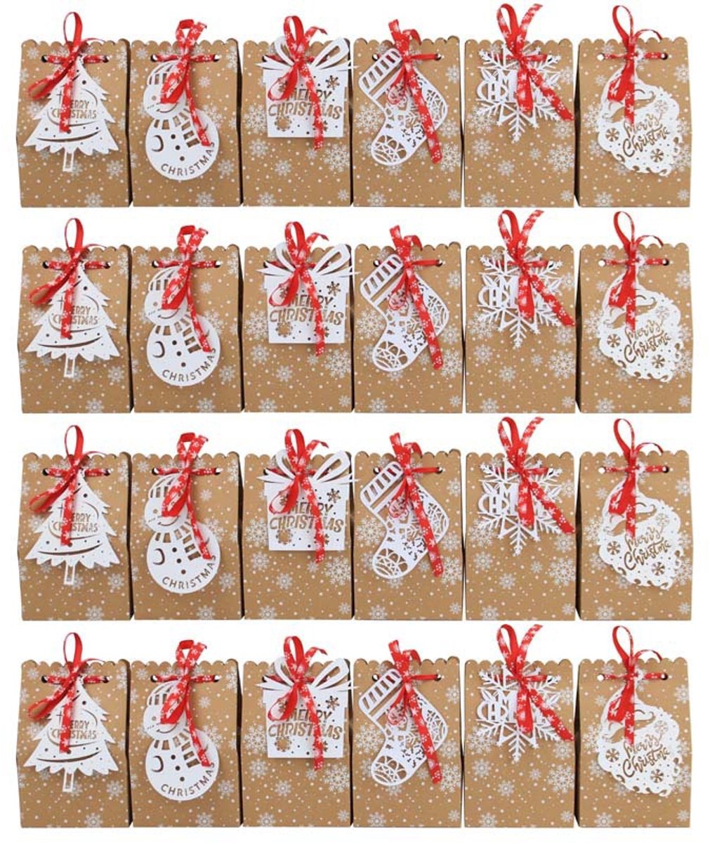 Kerstcadeautassen en papieren tassen met handvatten in verschillende feestelijke designs - 24-pack (4 van elk type) - Type C.