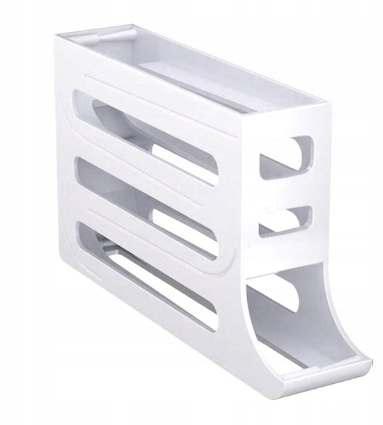 Een witte eierdispenser met 4 lagen en openingen voor eieren.