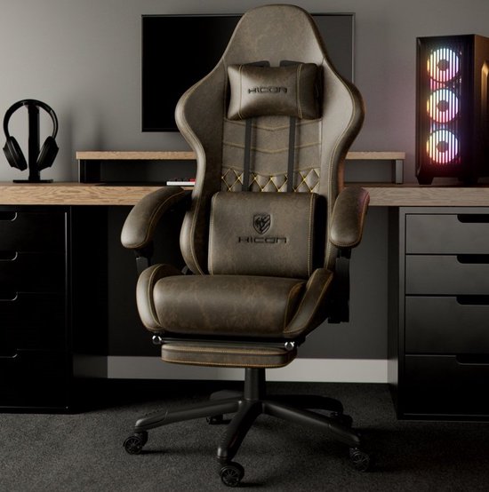 HICON® Gaming Stoel - Ergonomische Gaming stoel met Voetsteun - Comfort Gaming Chair - Vittoria - Bruin