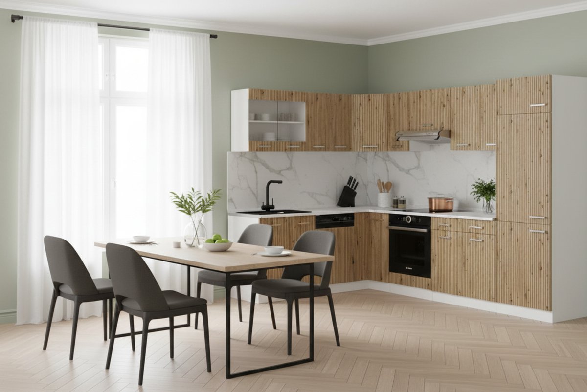 Hoekkeuken 227x287 cm – Luxe L-Vorm Keuken met Marmer Werkblad – Artisan Eiken & Wit – Moderne Design Keuken met Verstelbare Poten – Novihome