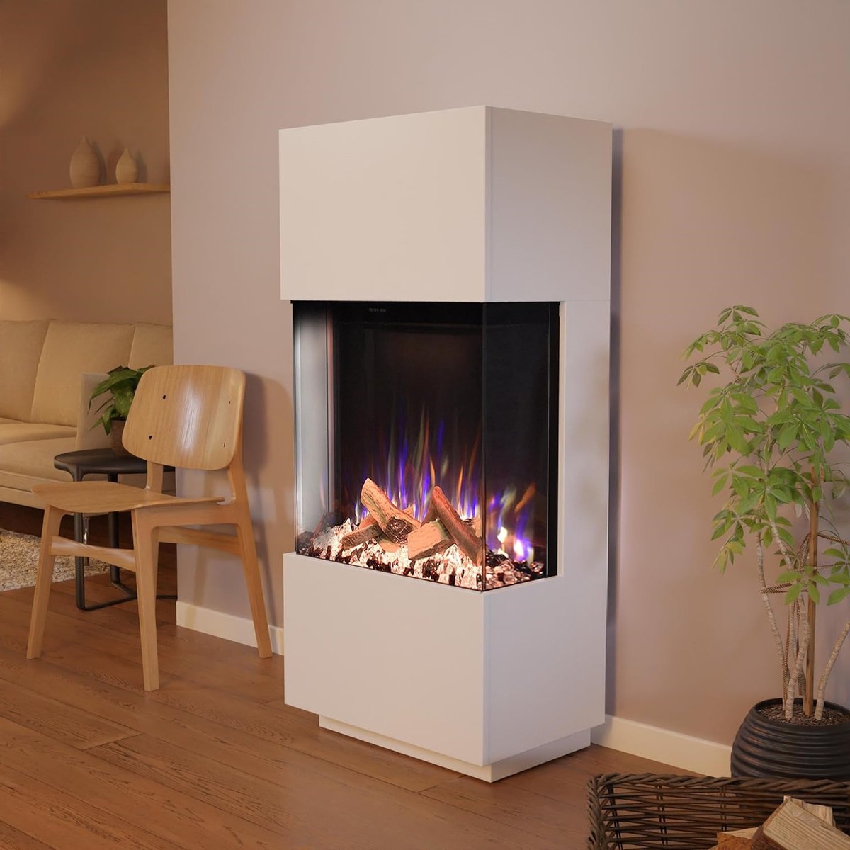 Staande Elektrische Haard TasalFurniture GlowMax PR11 – 3D Realistische LED Vlammen, Knisperend Haardgeluid, Verwarming 1500W, Timer, Modern Wit, Vrijstaand, Glas & Hout, Luxe Sfeerhaard voor Woonkamer en Slaapkamer
