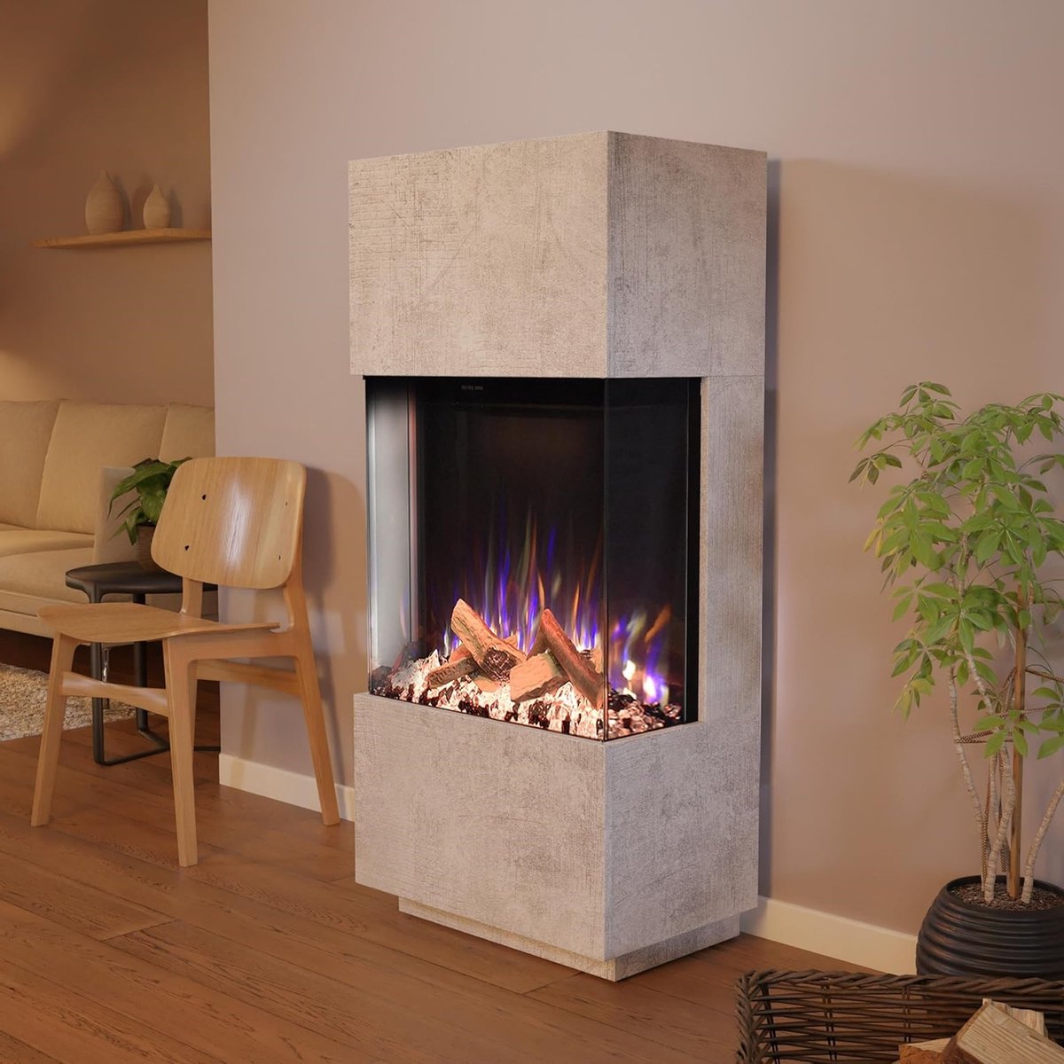 Staande Elektrische Haard TasalFurniture PR11 – 3D E-Motion LED Vlammen, Knisperend Haardgeluid, Verwarming tot 1500W, Timer, Modern Beton Design, Vrijstaand, 61,5x136x40cm