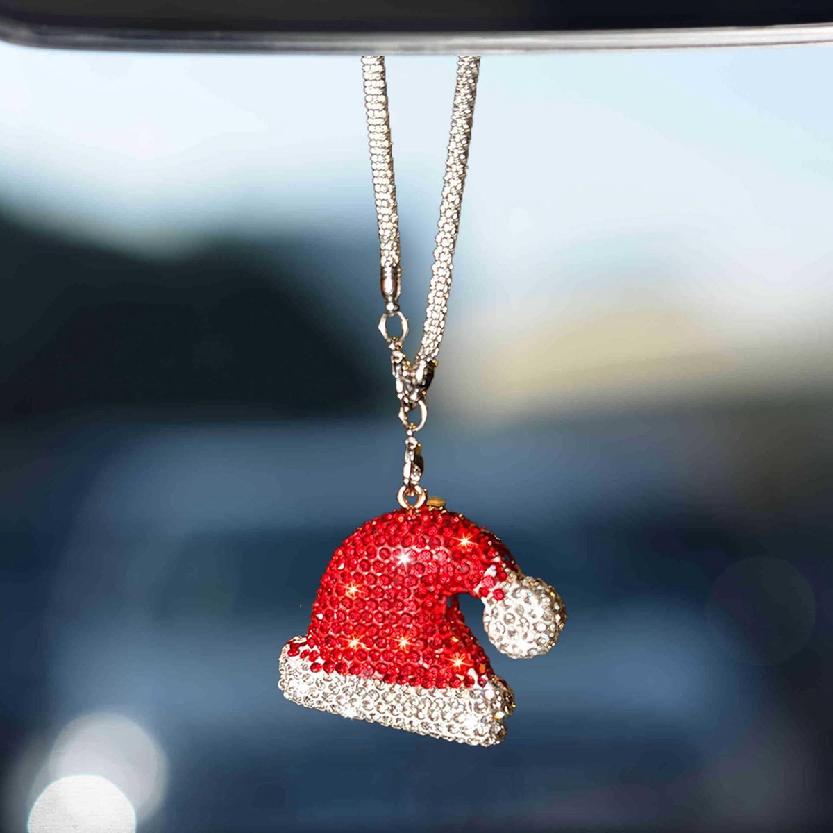 Mmgoqqt Glanzende Kerst Auto Versiering - Auto Spiegellijst Hanger - Diamant Hanger - Auto Interieur Decoratie- Kerstmanmuts