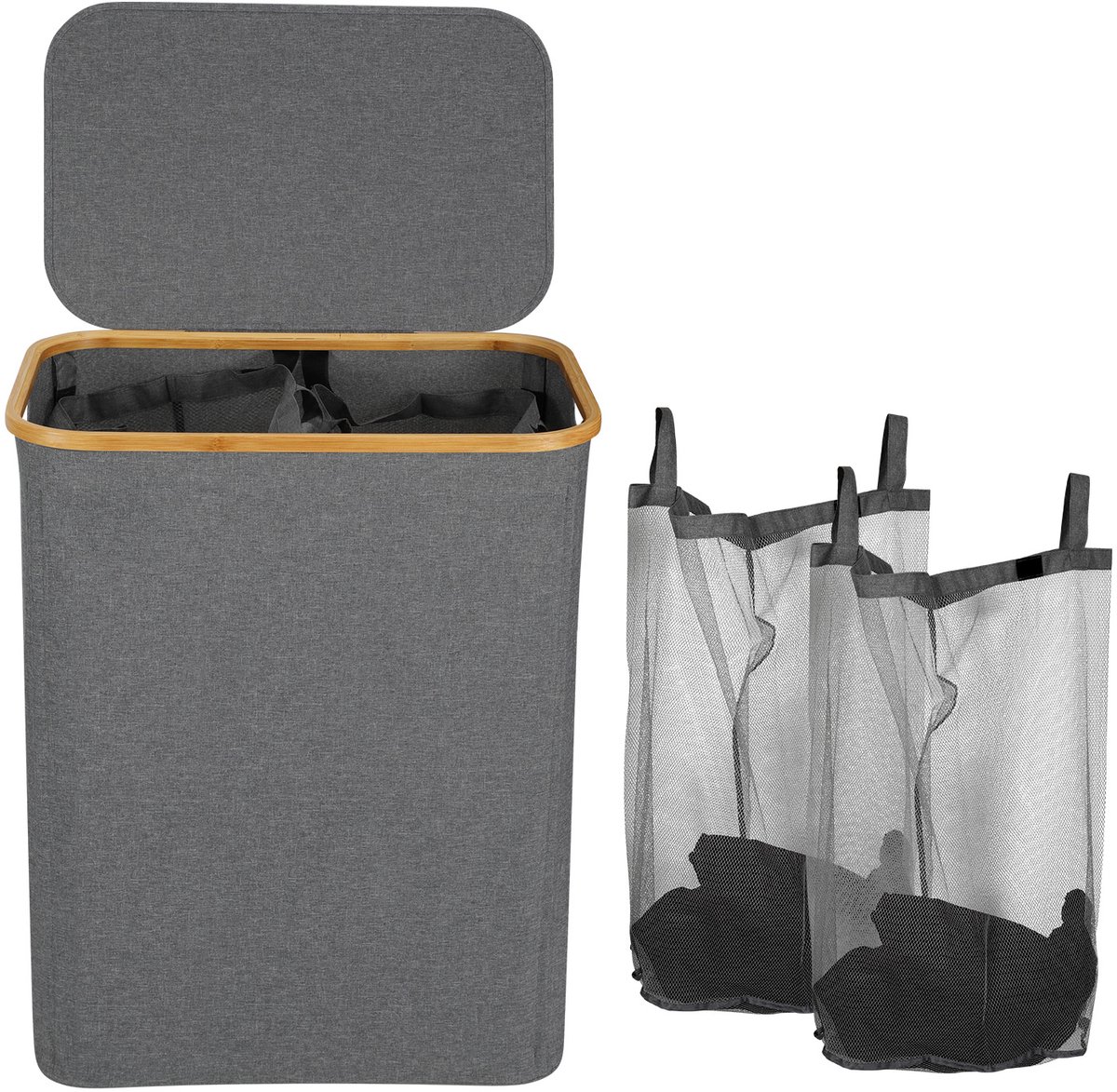 Wasmand , Waszakken ,Natuurlijk Bamboe Wasmand met Deksel,145L Grijs
