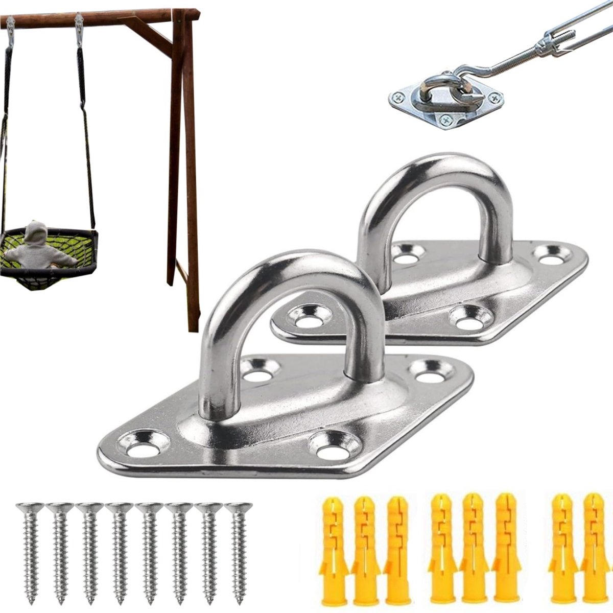 2 stuks montageplaat - ophangbeugels - accessoires voor het ophangen van hangmatten - roestvrijstalen diamanthaakplaat - met bevestigingsschroeven - geschikt voor zandzakken, schommels, hangmatten en waslijnen (6*2,3 cm - zilver)