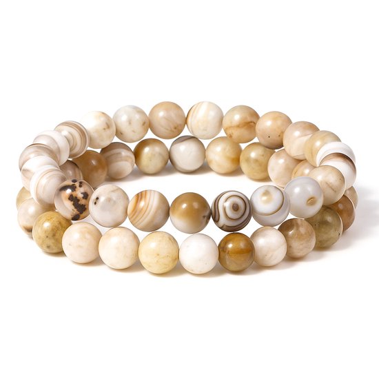 Set de deux bracelets élastiques avec perles d'agate crème, brunes et blanches rayées.