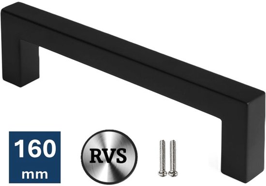 Poignée noire mate en forme de U de 160 mm avec marquage RVS et deux vis.