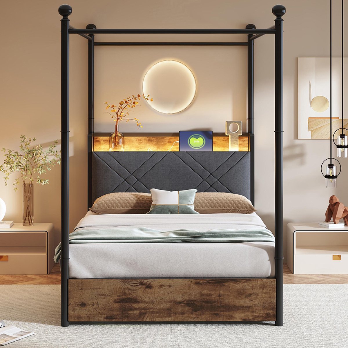 KOMHTOM BLACKCOLORS - Multifunctioneel Eenpersoons IJzeren Bed 90x190 - Met Opbergruimte en Smeedijzeren Hemelbed - Verwijderbare Stijlen met LED en USB/Type-C - Twee Lades - Tienerbed Zwart-1