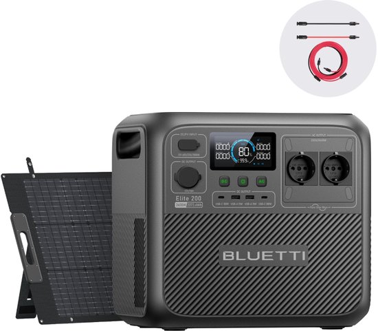 BLUETTI Elite 200 V2 draagbare generator (2025 nieuw) met 200W zonnepaneel- 2073,6Wh met 2 stopcontacten 2600W- levensduur van 17 jaar- LiFePO4 back-up- voeding voor Camper, Wandelen, Noodgeval, Thuis